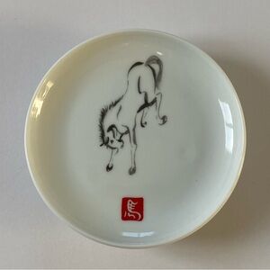 Horse Trinket Dish 4.5” across. Footed Japanese White Black Traced kicking pony